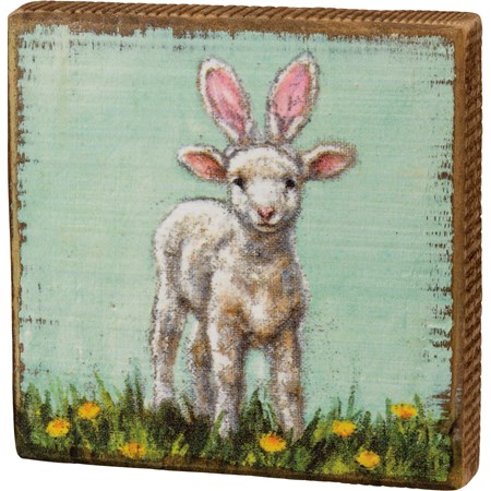 Block Sign - Lamb Bunny Ears - 5" x 5" x 1" - Wood