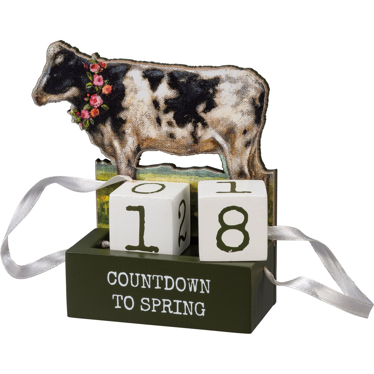 Block Countdown - Cow - Countdown To Spring - 4.75" x 4.75" x 2.50" - Wood, Paper, Ribbon