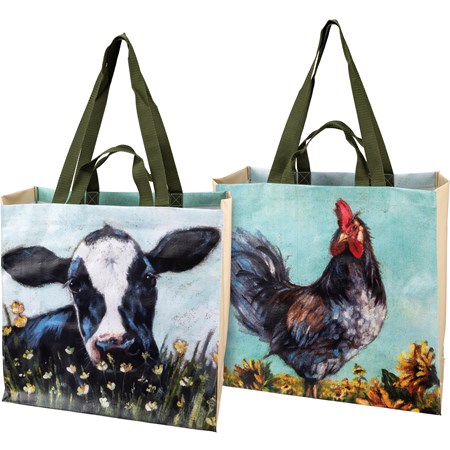 Market Tote - Rooster & Cow - 15.50" x 15.25" x 6" - Post-Consumer Material, Nylon