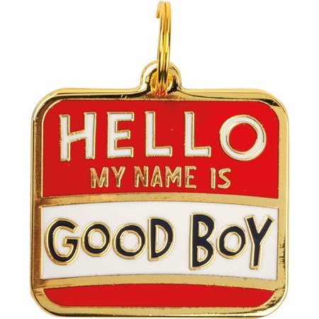 Collar Charm - Hello My Name Is Good Boy - Charm: 1.25" x 1.25", Card: 3" x 5" - Metal, Enamel, Paper