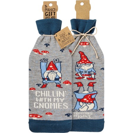 Bottle Sock - Chillin' With My Gnomies - 3.50" x 11.25", Fits 750mL to 1.5L bottles - Cotton, Nylon, Spandex