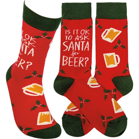 Socks - Is It Ok To Ask Santa For Beer - One Size Fits Most - Cotton, Nylon, Spandex