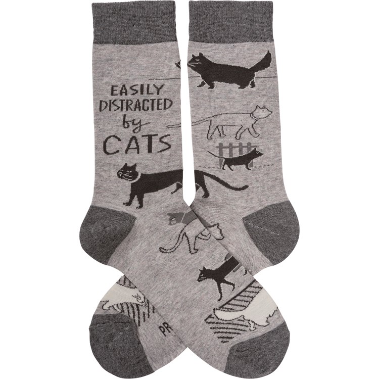 Socks - Easily Distracted By Cats - One Size Fits Most - Cotton, Nylon, Spandex