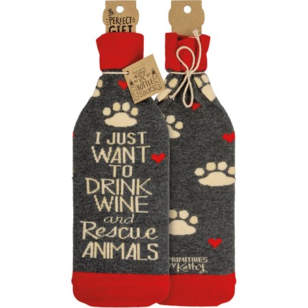 Bottle Sock - Drink Wine And Rescue Animals - 3.50" x 11.25", Fits 750mL to 1.5L bottles - Cotton, Nylon, Spandex
