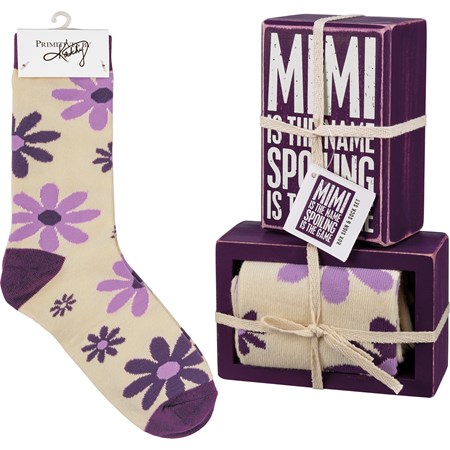 Box Sign & Sock Set - Mimi Is The Name - Box Sign: 3" x 4.50" x 1.75", Socks: One Size Fits Most - Wood, Cotton, Nylon, Spandex, Ribbon