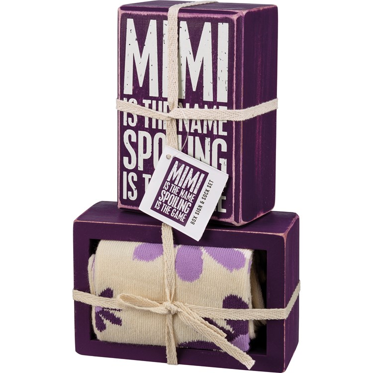 Mimi Is The Name Box Sign And Sock Set - Wood, Cotton, Nylon, Spandex, Ribbon