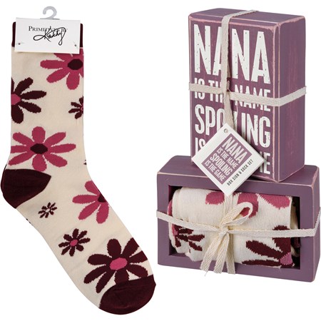 Box Sign & Sock Set - Nana Is The Name - Box Sign: 3" x 4.50" x 1.75", Socks: One Size Fits Most - Wood, Cotton, Nylon, Spandex, Ribbon