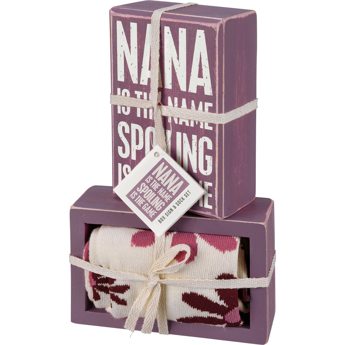 Nana Is The Name Box Sign And Sock Set - Wood, Cotton, Nylon, Spandex, Ribbon