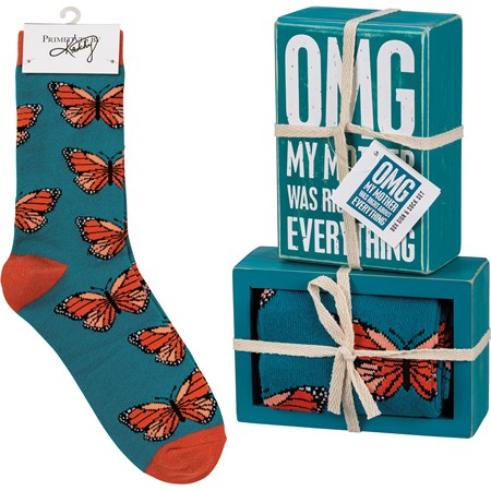 Box Sign & Sock Set - OMG My Mother Was Right - Box Sign: 3" x 4.50" x 1.75", Socks: One Size Fits Most - Wood, Cotton, Nylon, Spandex, Ribbon