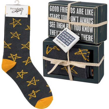 Box Sign & Sock Set - Good Friends Are Like Stars - Box Sign: 4.50" x 3" x 1.75", Socks: One Size Fits Most - Wood, Cotton, Nylon, Spandex, Ribbon
