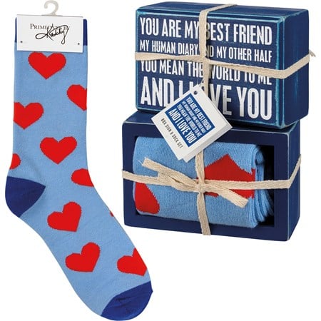 Box Sign & Sock Set - My Best Friend I Love You - Box Sign: 4.50" x 3" x 1.75", Socks: One Size Fits Most - Wood, Cotton, Nylon, Spandex, Ribbon