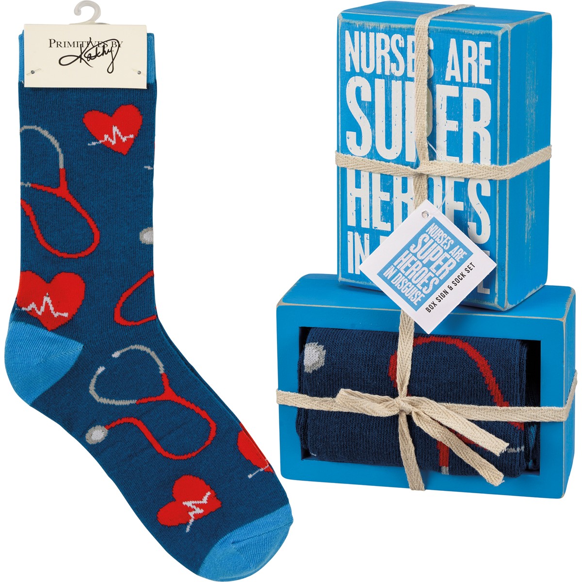 Box Sign & Sock Set - Nurses Are Super Heroes - Box Sign: 3" x 4.50" x 1.75", Socks: One Size Fits Most - Wood, Cotton, Nylon, Spandex, Ribbon