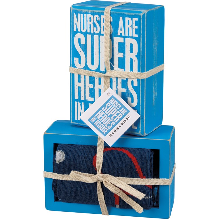 Nurses Are Super Heroes Box Sign And Sock Set - Wood, Cotton, Nylon, Spandex, Ribbon