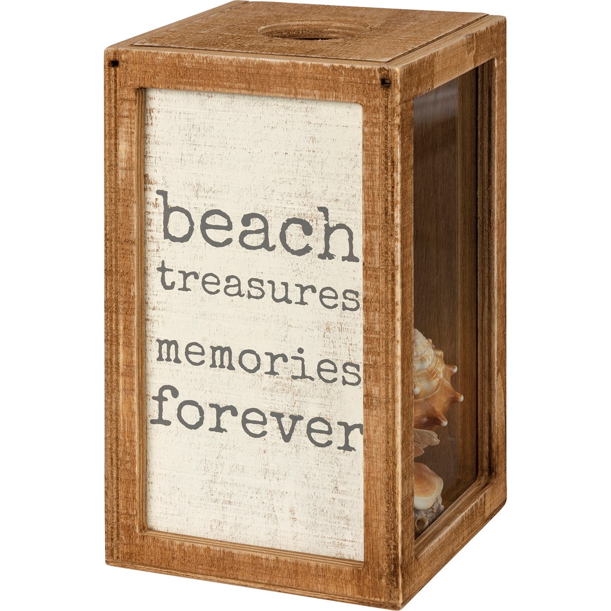 Shell Holder - The Beach Is My Happy Place - 4.25" x 7.25" x 4.25" - Wood, Glass