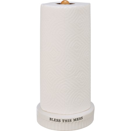Towel Holder - Bless This Mess - 6" Diameter x 13" - Stoneware, Wood