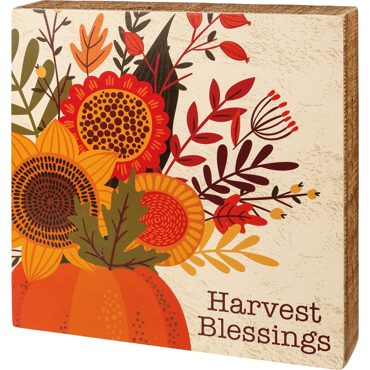 Box Sign - Harvest Blessings - 10" x 10" x 1.75" - Wood, Paper