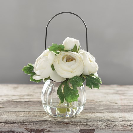 Vase - White Ranunculus - 5.50" x 5.50" x 5" - Glass, Plastic, Fabric, Wire