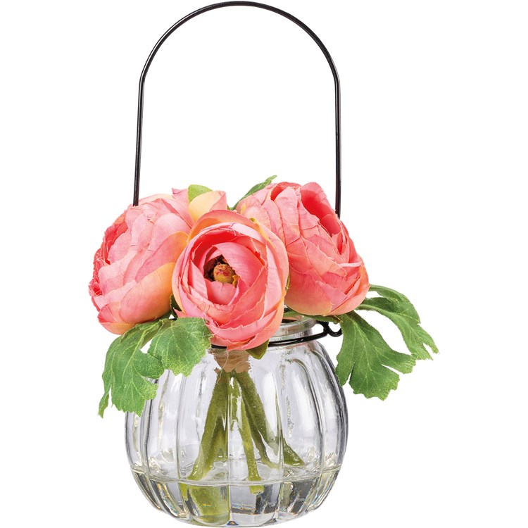 Pink Ranunculus Vase - Glass, Plastic, Fabric, Wire