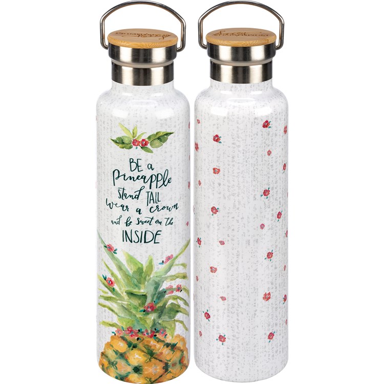 Insulated Bottle - Be A Pineapple - 25 oz., 2.75" Diameter x 11.25" - Stainless Steel, Bamboo
