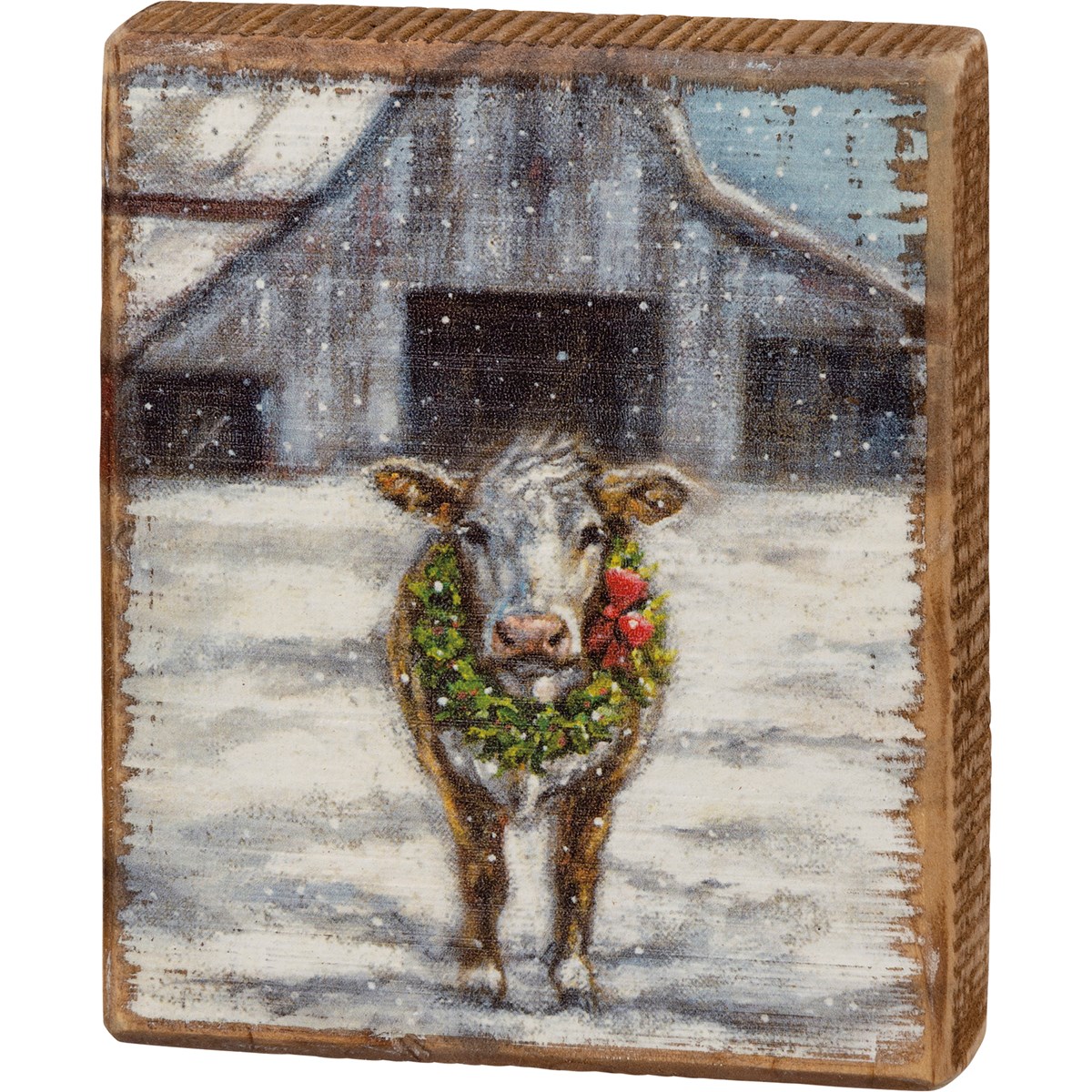 Cow With Wreath Block Sign - Wood