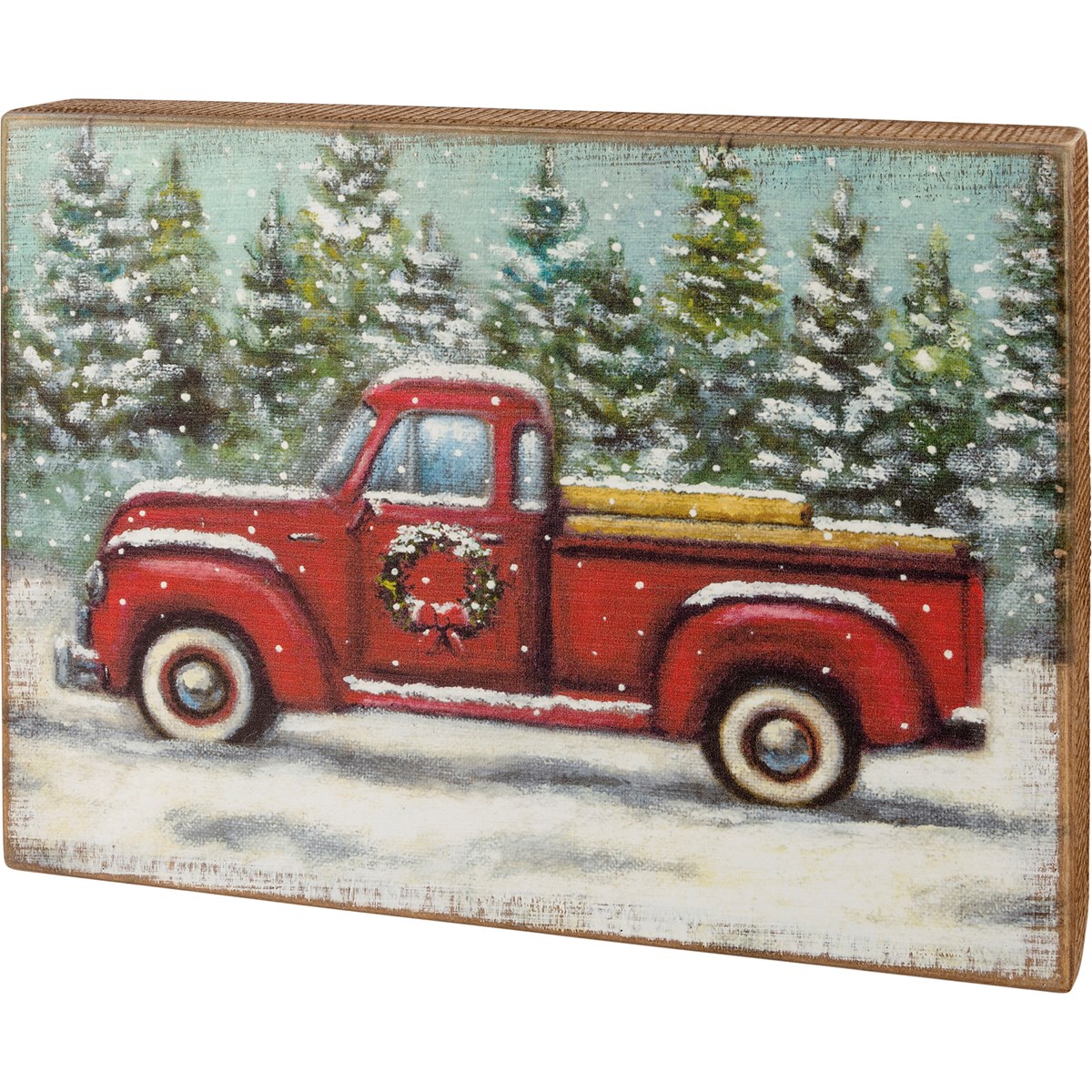 Snowy Red Truck Box Sign - Wood