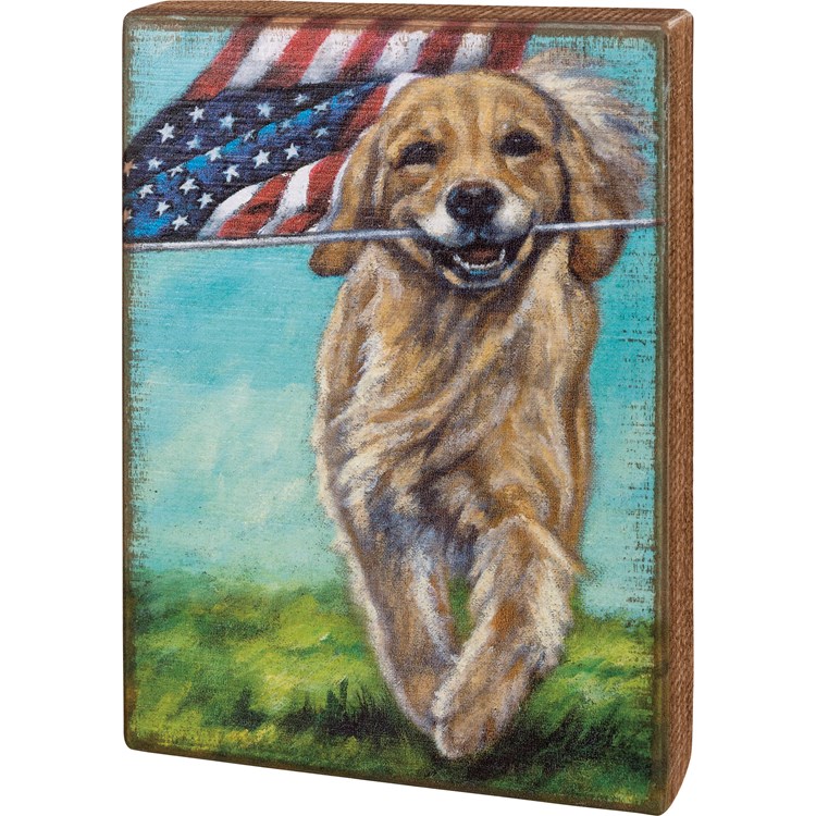 Running Dog With Flag Box Sign - Wood