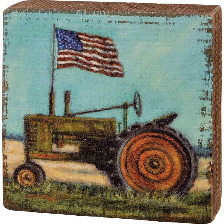 Block Sign - Tractor With Flag - 3.50" x 3.50" x 1" - Wood
