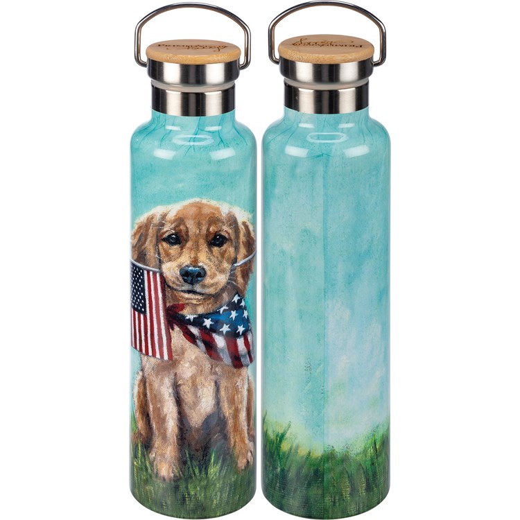 Puppy Flags Insulated Bottle - Stainless Steel, Bamboo