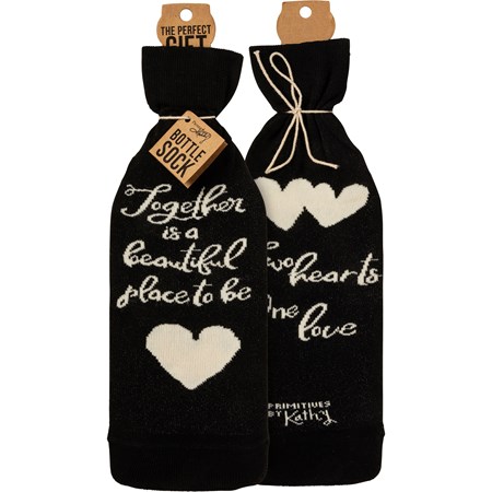 Bottle Sock - Two Hearts One Love - 3.50" x 11.25", Fits 750mL to 1.5L bottles - Cotton, Nylon, Spandex