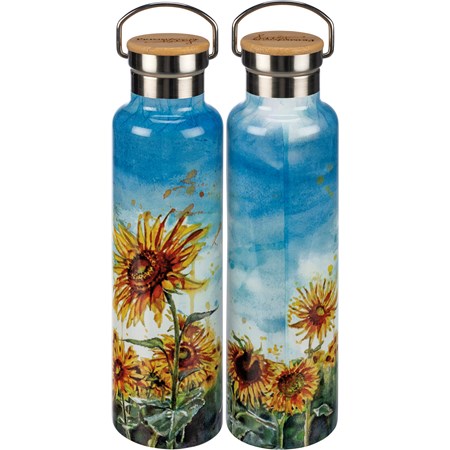 Insulated Bottle - Sunflower Fields - 25 oz., 2.75" Diameter x 11.25" - Stainless Steel, Bamboo