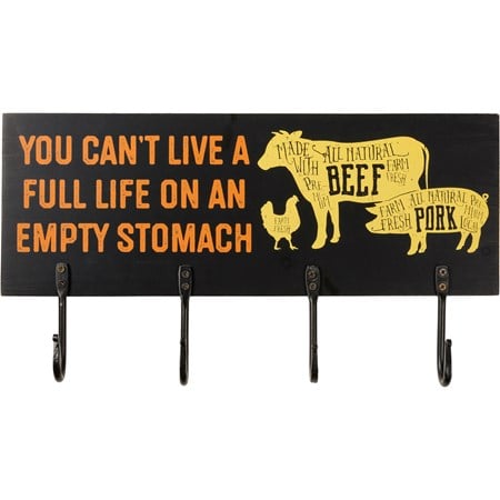 Hook Board - Can't Live Life On An Empty Stomach - 16" x 6" x 0.50" - Wood, Metal