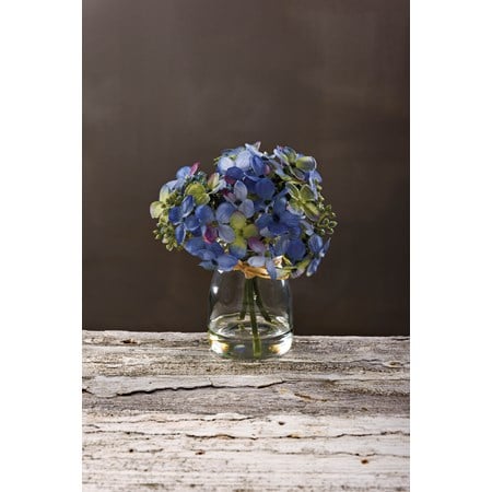Vase - Blue Hydrangea - 2.25" Diameter x 7" - Glass, Plastic, Fabric, Wire