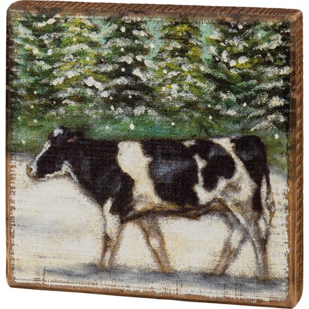 Block Sign - Winter Cow - 6" x 6" x 1" - Wood