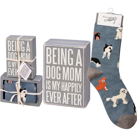 Box Sign & Sock Set - Dog Mom Happily Ever After - Box Sign: 3" x 4.50" x 1.75", Socks: One Size Fits Most - Wood, Cotton, Nylon, Spandex, Ribbon