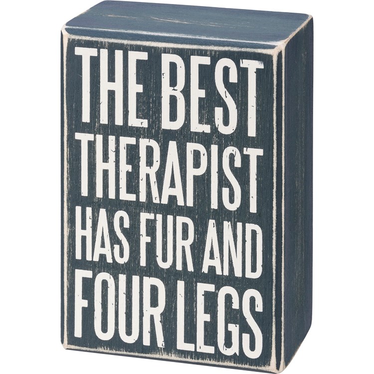 Box Sign & Sock Set - The Best Therapist Has Fur - Box Sign: 3" x 4.50" x 1.75", Socks: One Size Fits Most - Wood, Cotton, Nylon, Spandex, Ribbon