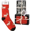 Jingle All The Way Box Sign And Sock Set - Wood, Cotton, Nylon, Spandex, Ribbon