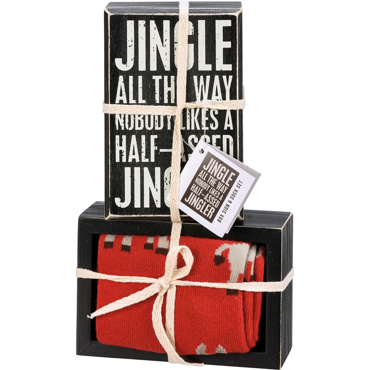 Jingle All The Way Box Sign And Sock Set - Wood, Cotton, Nylon, Spandex, Ribbon