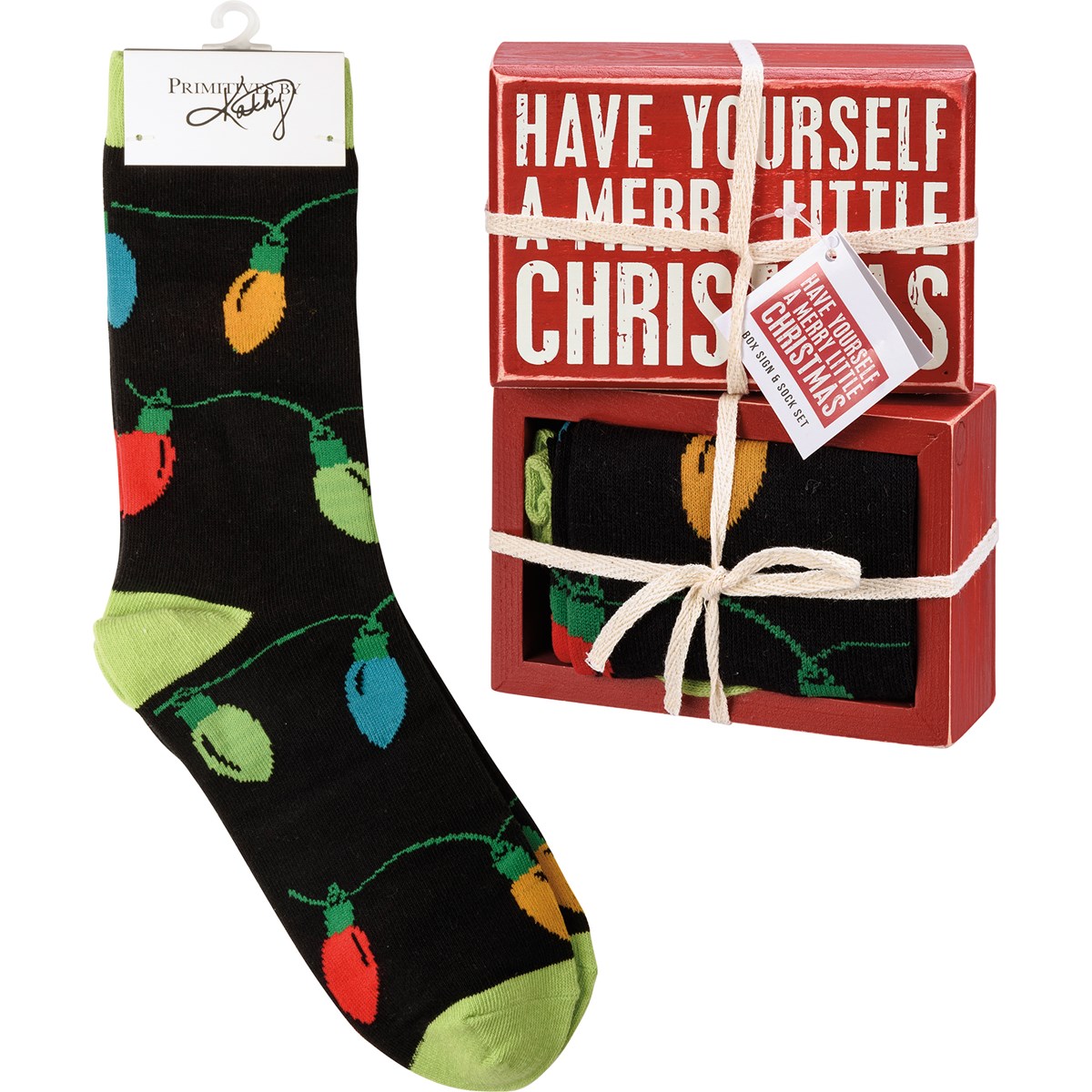 A Merry Little Christmas Box Sign And Sock Set - Wood, Cotton, Nylon, Spandex, Ribbon