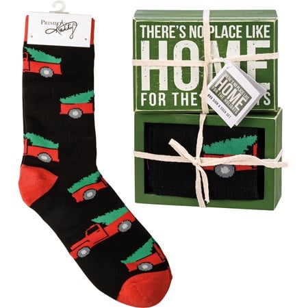 Home For The Holidays Box Sign And Sock Set - Wood, Cotton, Nylon, Spandex, Ribbon