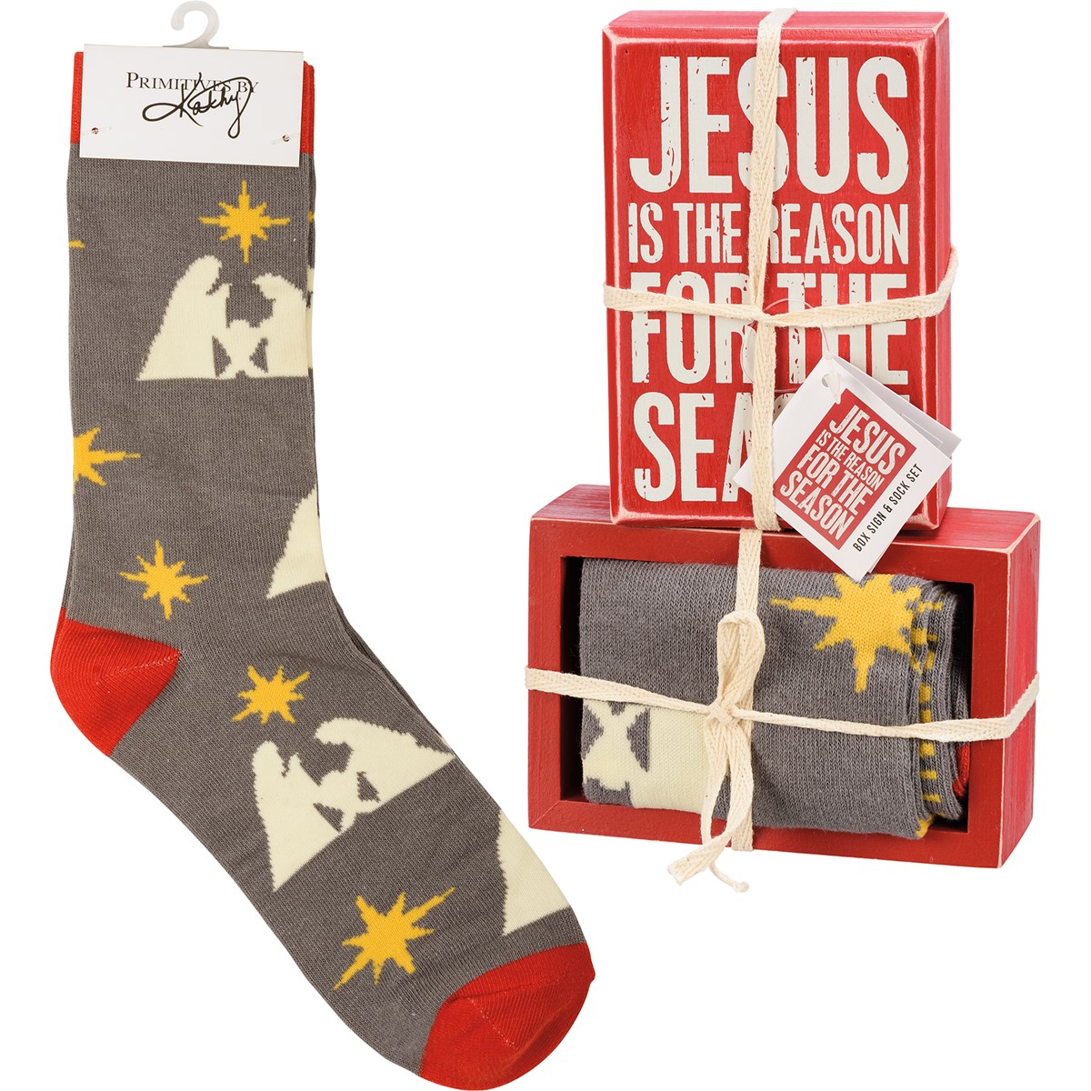 Jesus Is The Reason Box Sign And Sock Set - Wood, Cotton, Nylon, Spandex, Ribbon