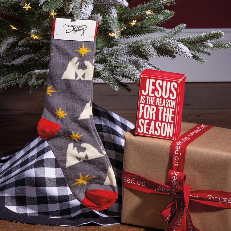 Box Sign & Sock Set - Jesus Is The Reason - Box Sign: 3" x 4.50" x 1.75", Socks: One Size Fits Most - Wood, Cotton, Nylon, Spandex, Ribbon
