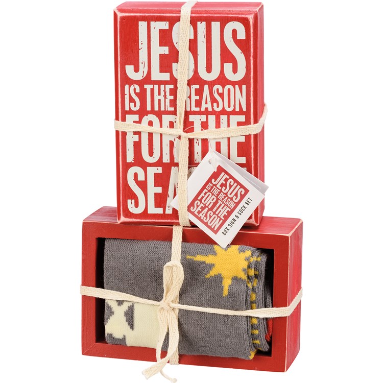 Box Sign & Sock Set - Jesus Is The Reason - Box Sign: 3" x 4.50" x 1.75", Socks: One Size Fits Most - Wood, Cotton, Nylon, Spandex, Ribbon