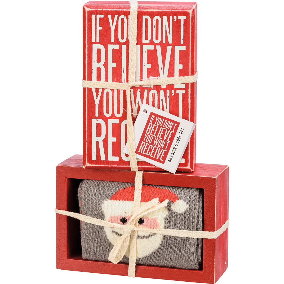 You Won't Receive Box Sign And Sock Set - Wood, Cotton, Nylon, Spandex, Ribbon