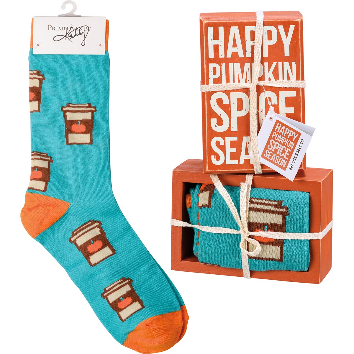 Happy Pumpkin Spice Season Box Sign And Sock Set - Wood, Cotton, Nylon, Spandex, Ribbon