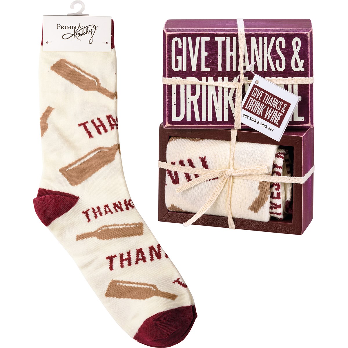Give Thanks & Drink Wine Box Sign And Sock Set - Wood, Cotton, Nylon, Spandex, Ribbon