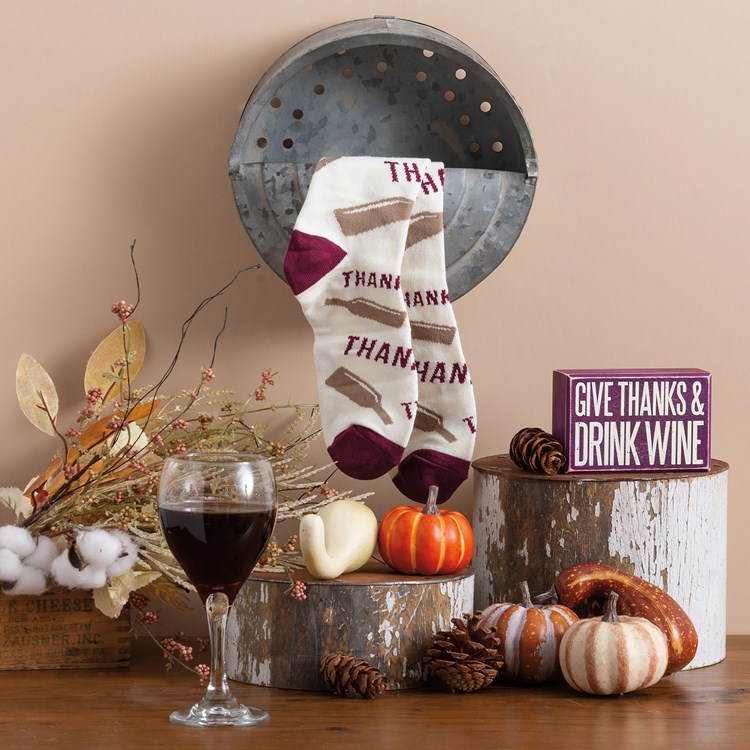 Give Thanks & Drink Wine Box Sign And Sock Set - Wood, Cotton, Nylon, Spandex, Ribbon