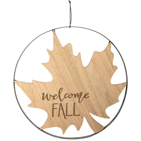 Wall Decor - Welcome Fall Leaf - 20" Diameter x 0.75" - Metal, Wood, Leather