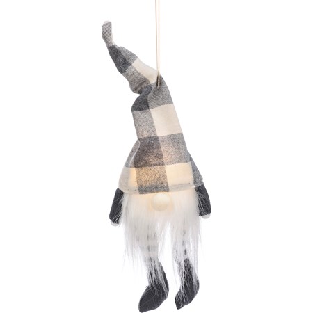 Ornament - Grey Buff Gnome - 4" x 10" x 4" - Polyester, Cotton, Plastic, LED