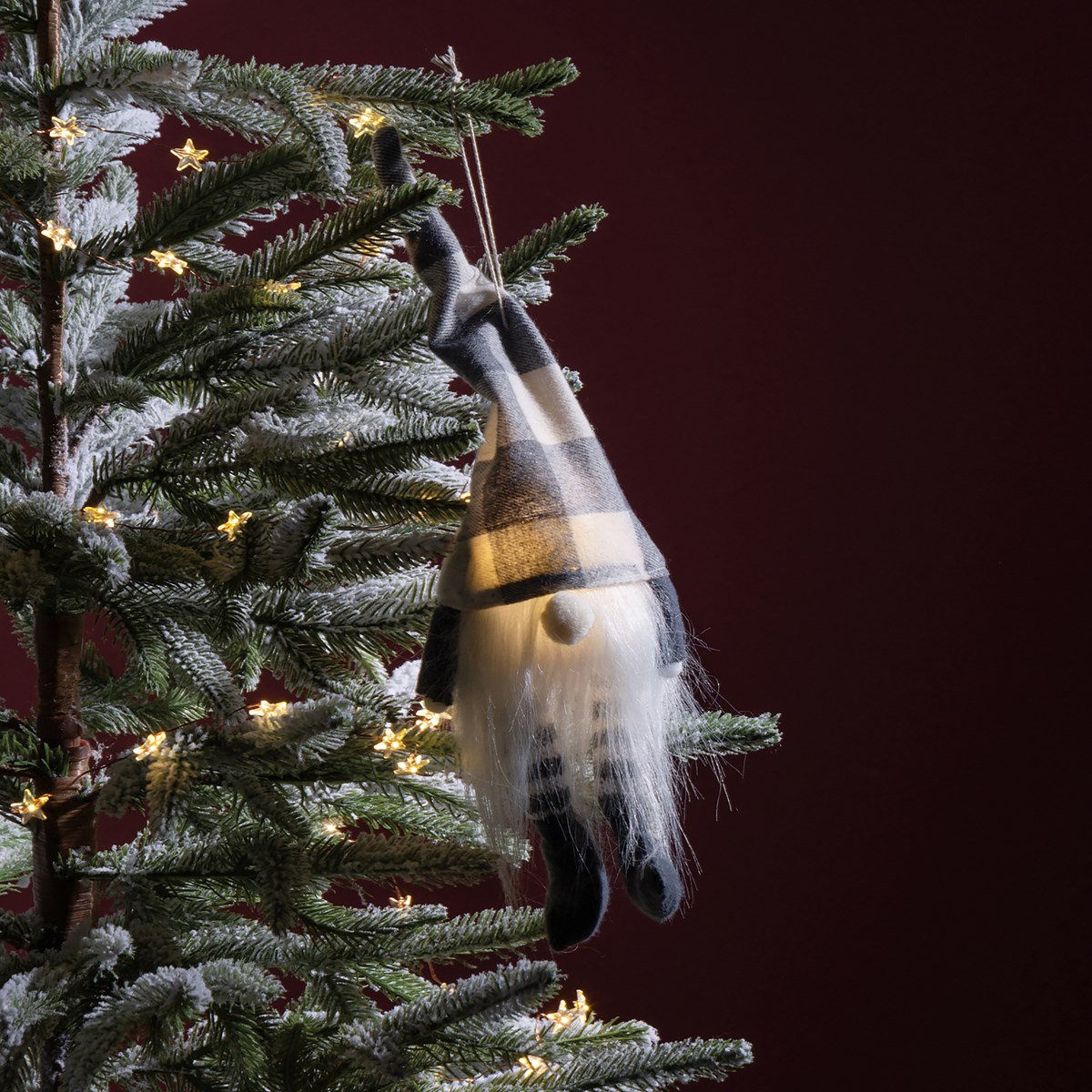 Grey Buffalo Check Gnome Ornament - Polyester, Cotton, Plastic, LED