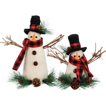 Critter Set - Snowmen - 8" x 8.50" x 4", 7" x 6.75" x 4" - Felt, Wood, Fabric, Plastic, Pinecones